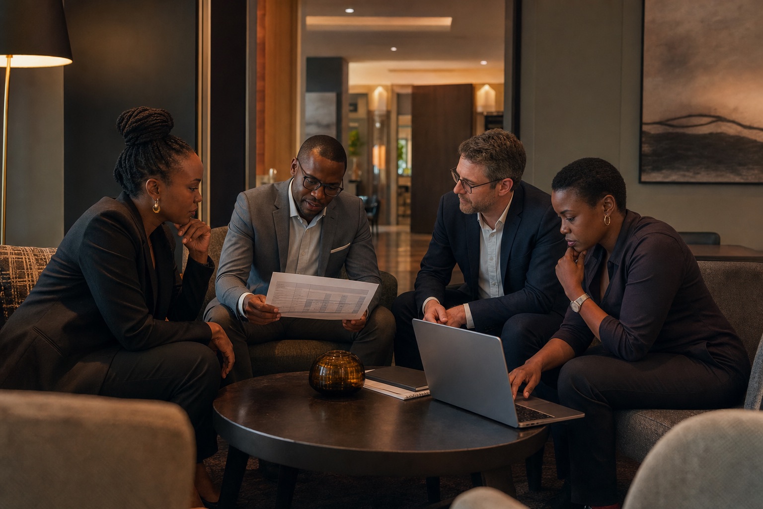 Editorial scene of an African hospitality team reviewing demand, rates and room allocation