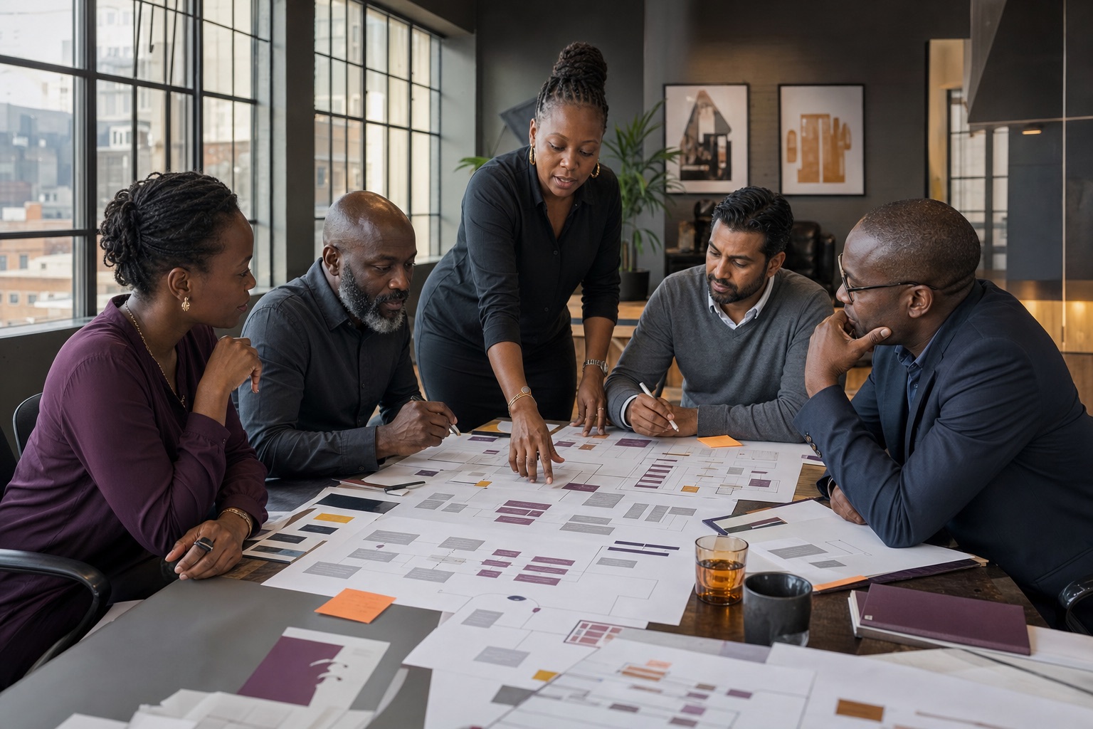 Editorial scene of African enterprise leaders mapping a decision network in a workshop